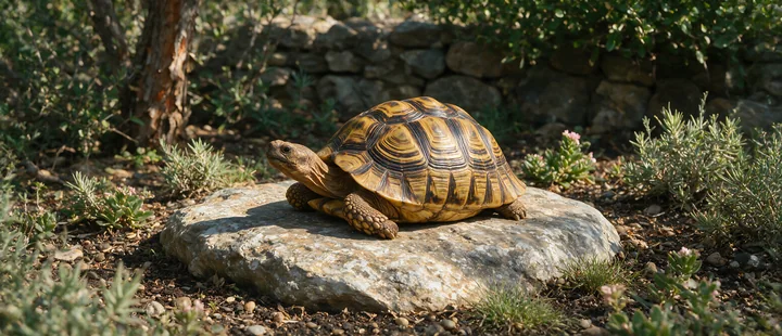 Tortoise resting on a rock in a natural enclosure surrounded by shrubs, pebbles, trees, and a stone wall.