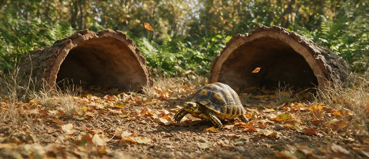Tortoise walking through a leafy natural enclosure with hollow logs, grasses, and trees.