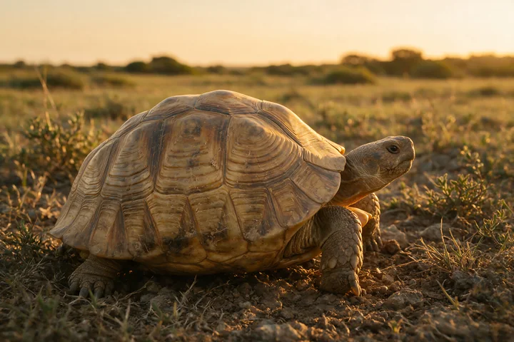 Tortoise with detailed shell patterns walking across dry grassland in warm natural light.