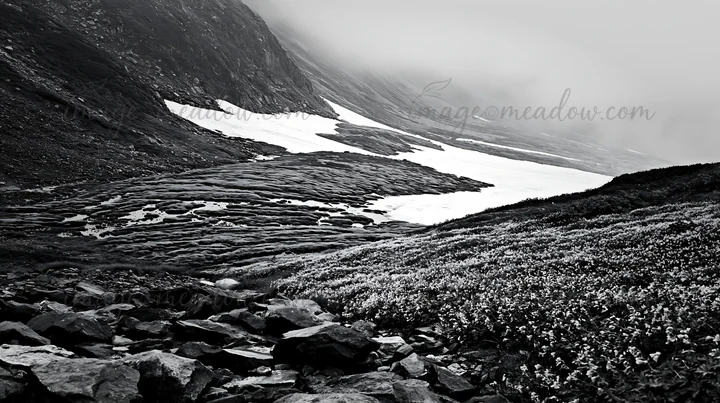 Snowmelt in Toyama alpine meadow shows a mix of rocks and snow under low clouds. The scene captures a natural landscape with varying terrain features during a c