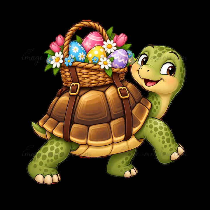 A turtle walks happily while carrying a basket filled with decorated Easter eggs and flowers. The scene captures the joy of Easter festivities, showcasing vibra