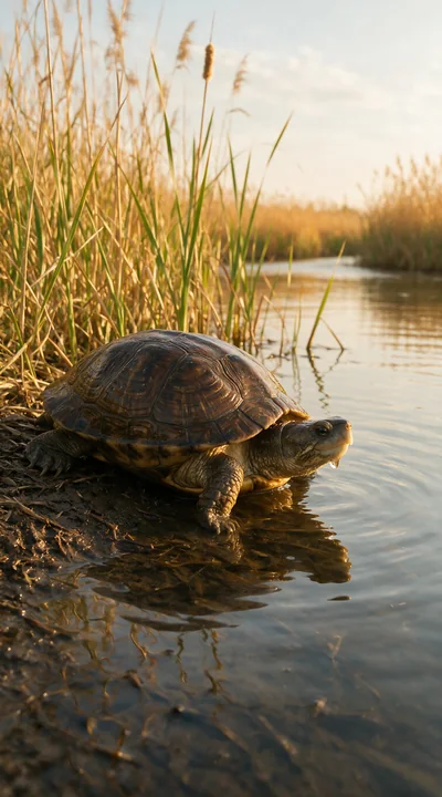 Turtle emerges from calm wetland water beside tall reeds in warm light.