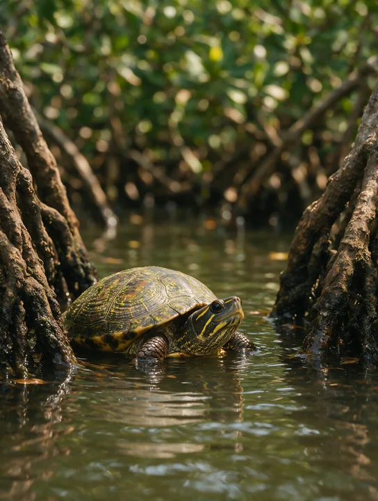 Turtle peeks above calm water between tree roots in a shaded woodland wetland.
