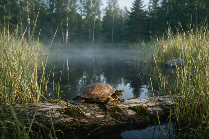 Turtle resting on a mossy log beside a misty woodland pond surrounded by reeds and trees.