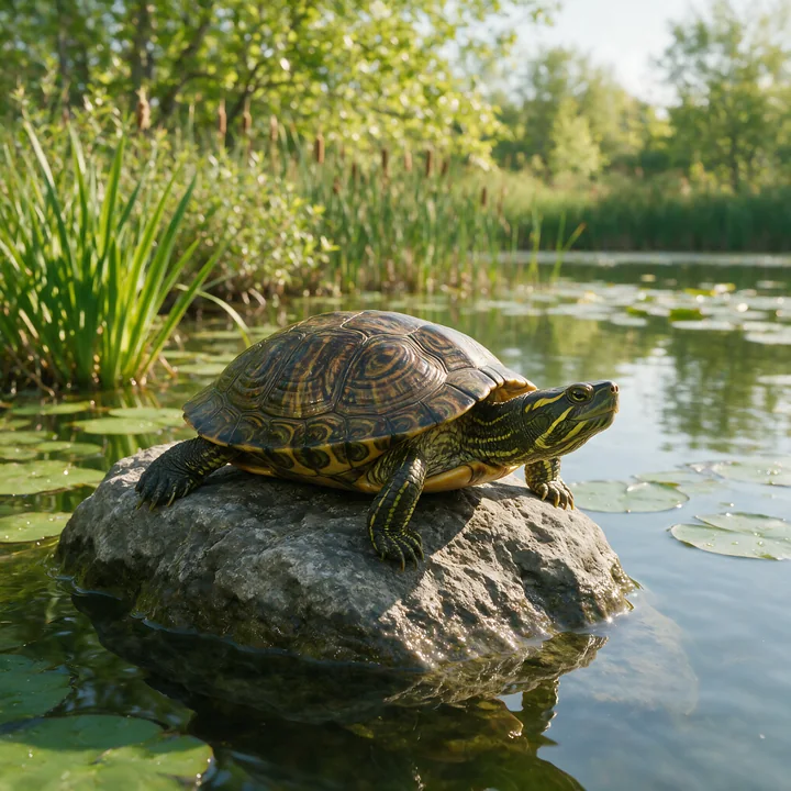 Turtle resting on a rock in a sunlit pond surrounded by reeds and lily pads.