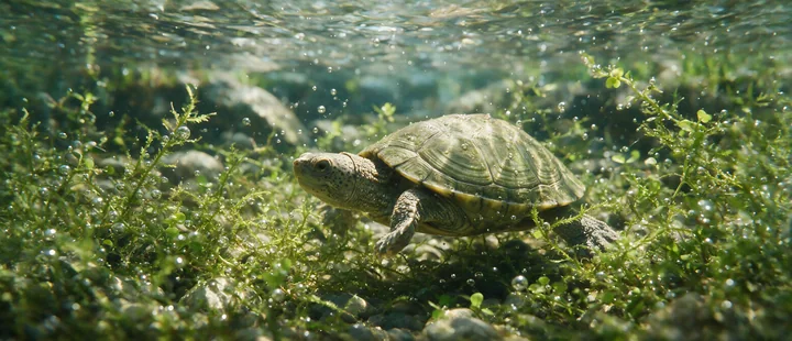 Turtle swims through aquatic plants and bubbles in clear freshwater above a rocky bottom.