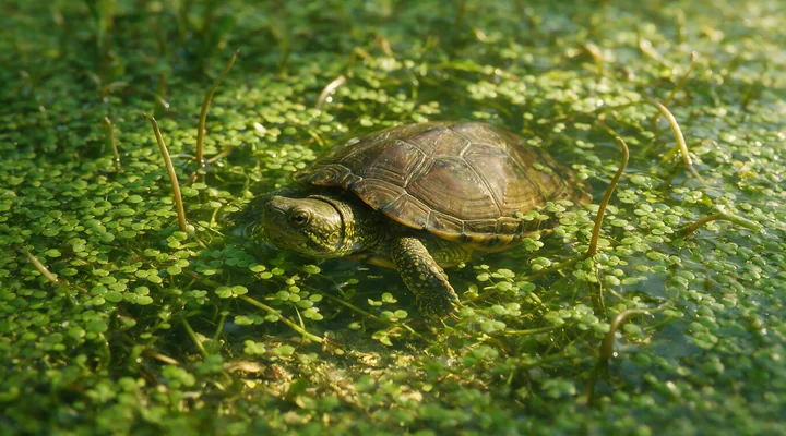 Turtle swims through floating aquatic plants in a sunlit freshwater pond.