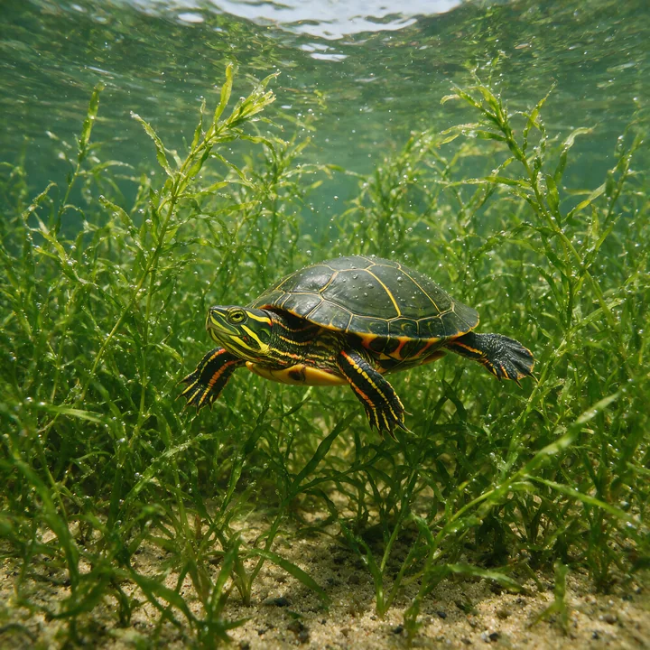 Turtle swims through green aquatic plants above a sandy underwater bottom.
