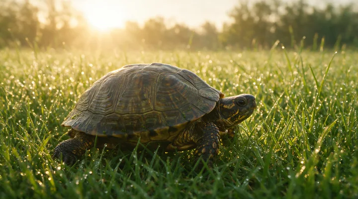 Turtle walking through dew-covered grass in warm golden-hour light.