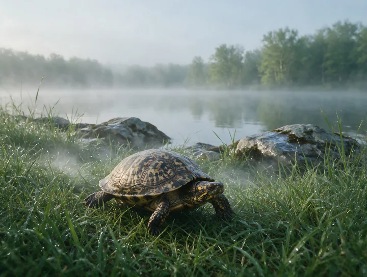Turtle walking through dew-covered wet grass beside a misty lake with rocks and trees in the background.