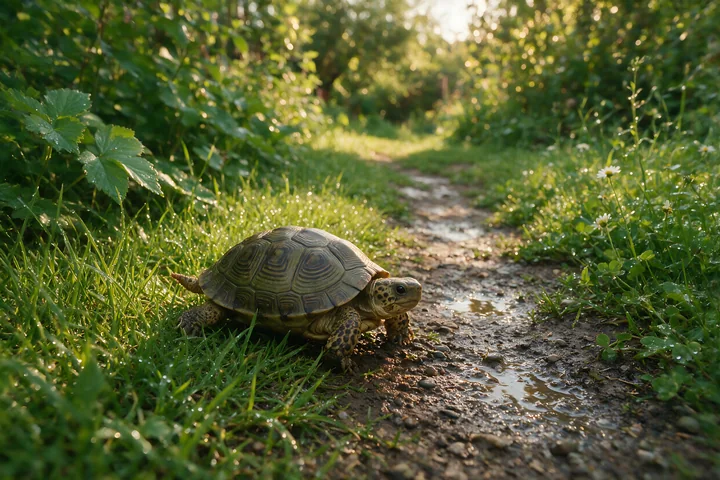 Turtle walks through wet grass beside a shallow puddled path in a sunlit woodland.