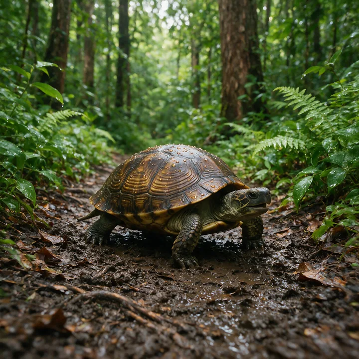 Turtle with a rain-covered shell walking on a muddy trail through lush forest vegetation.
