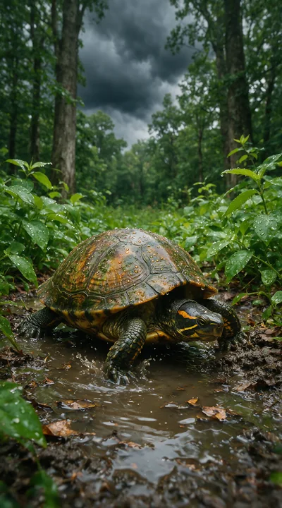 Turtle with a raindrop-covered shell moves through a muddy puddle in a lush forest under storm clouds.