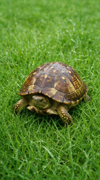 Turtle with a raindrop-covered shell resting on wet green grass.