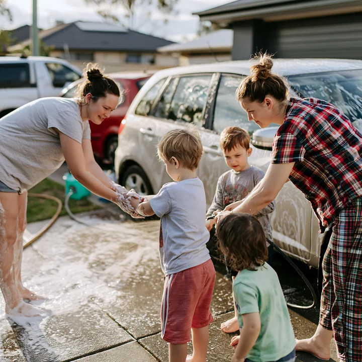 Two adults and three children wash a soapy white car together in a sunny residential driveway.
