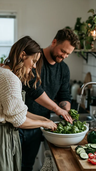 Two adults prepare a green salad together in a warmly lit home kitchen.