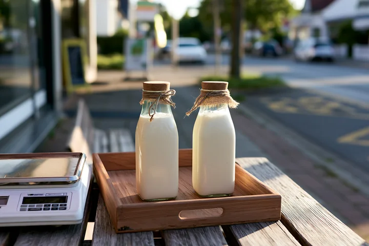 Two artisan milk bottles sit on a wooden tray at a street market stall.