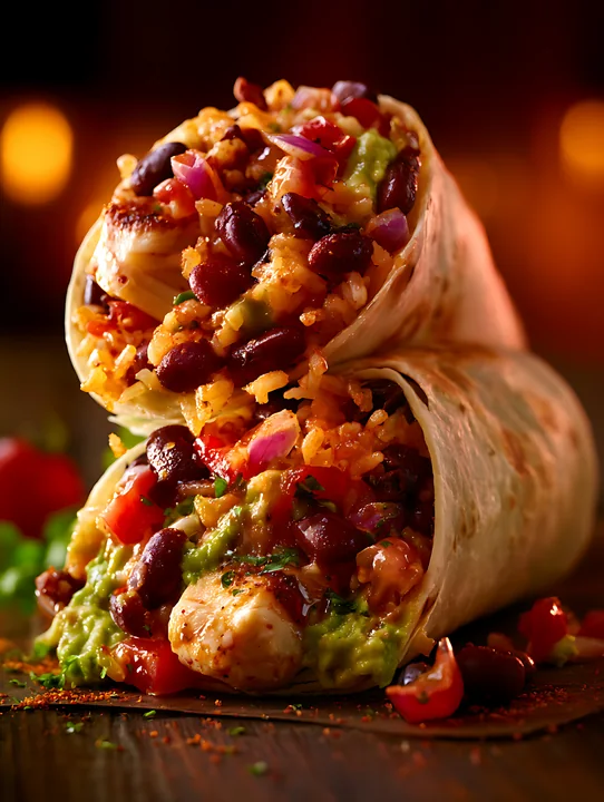 Two burritos are displayed, filled with rice, beans, and a mix of toppings.