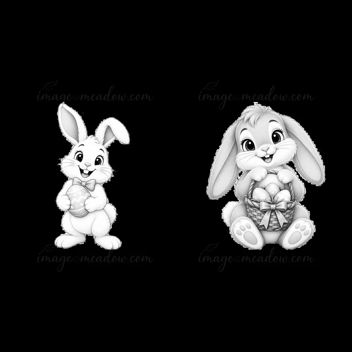 Two cartoon bunnies are featured. One bunny holds a heart-shaped egg, while the other sits with a basket filled with eggs. The design is suitable for Easter-the
