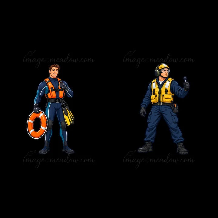 Two cartoon characters stand on the deck of an aircraft carrier. One character holds a life ring and has diving gear while the other gestures with a radio. Both