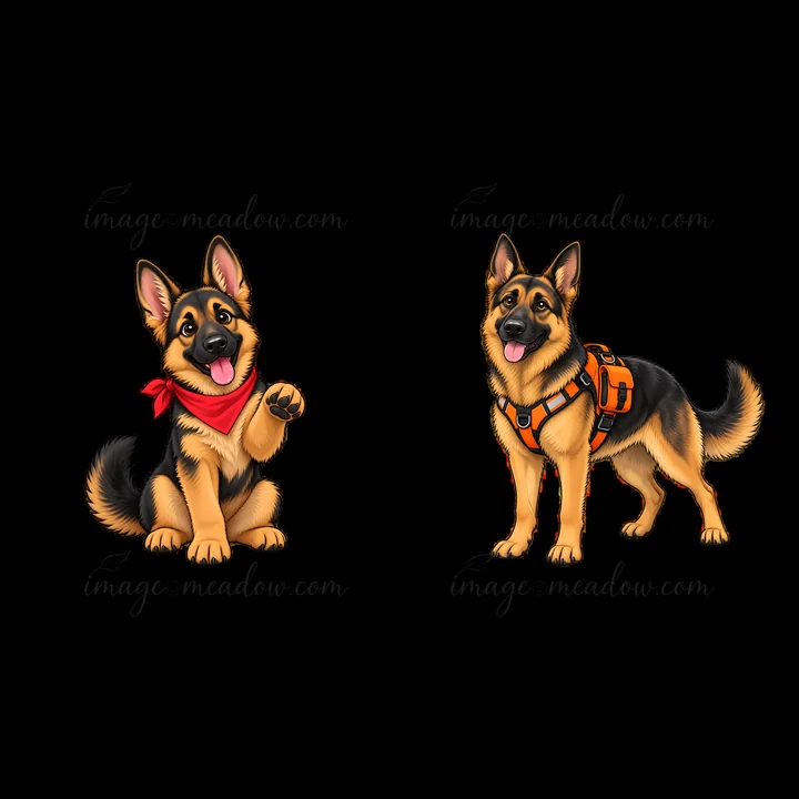 One German Shepherd sits wearing a red bandana. The other stands with a black and orange harness. Both have happy expressions and detailed fur, showcasing their