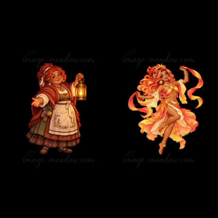 A pair of cartoon stickers illustrates two pagan gods. On the left, a round woman holds a lantern and wears a traditional outfit. On the right, a graceful figur