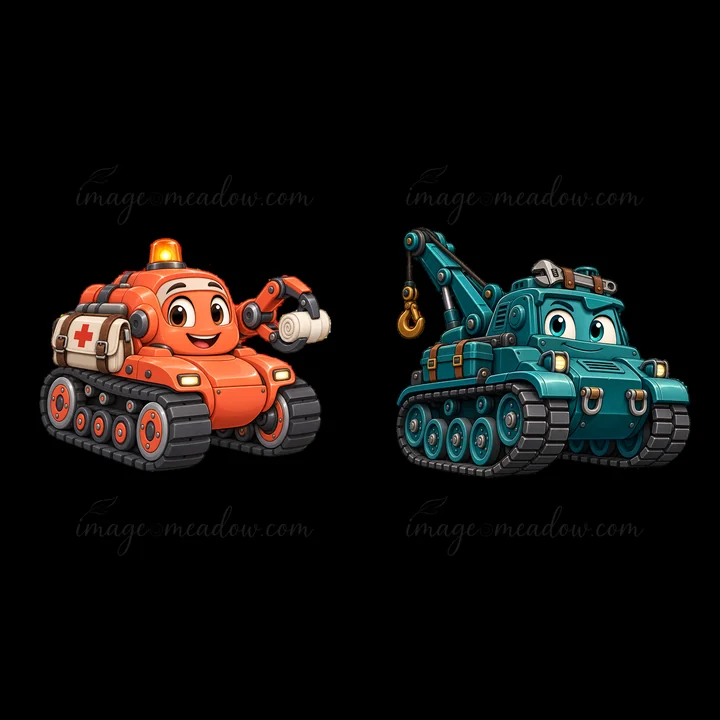 Two cartoon tank characters are shown side by side. One tank is orange with a light and a mechanical arm, and the other is teal with a crane. They appear friend
