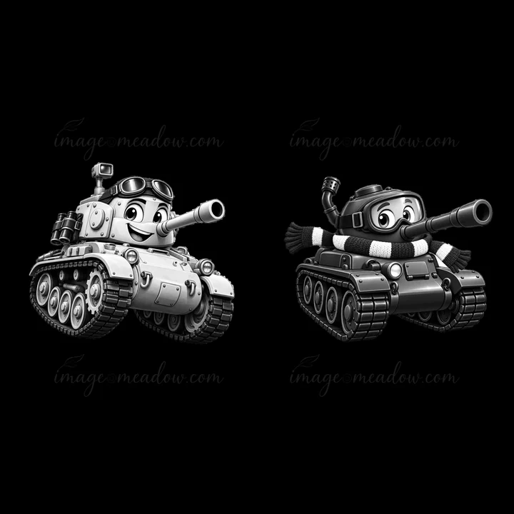 Two cartoon tanks are shown, one wearing goggles and a helmet, the other with a scarf and arm gestures. The illustration features a playful theme with friendly