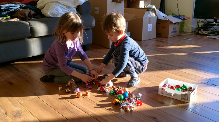 Two children are busy sorting colorful Christmas decorations on a wooden floor in a living room filled with boxes and sunlight.