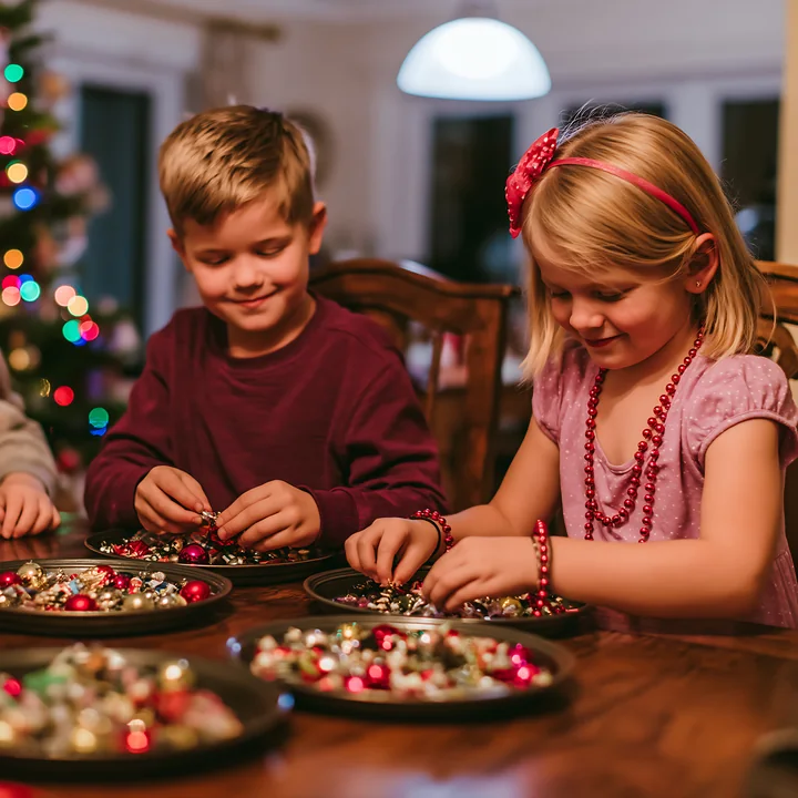 Two children are focused on sorting colorful Christmas decorations at a wooden table while holiday lights reflect in the background.