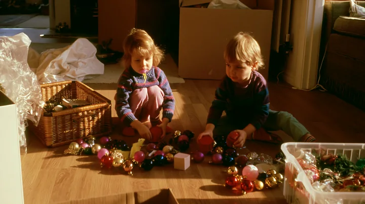 Two children are sorting Christmas decorations on the wooden floor of a living room.