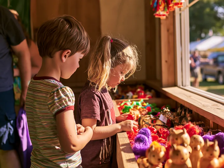 Two children choose colorful toys and dolls from a prize booth at a sunny outdoor carnival.