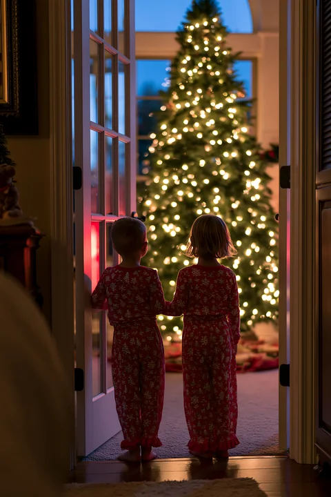Two children in matching red pajamas stand in a doorway, looking at a brightly lit Christmas tree.