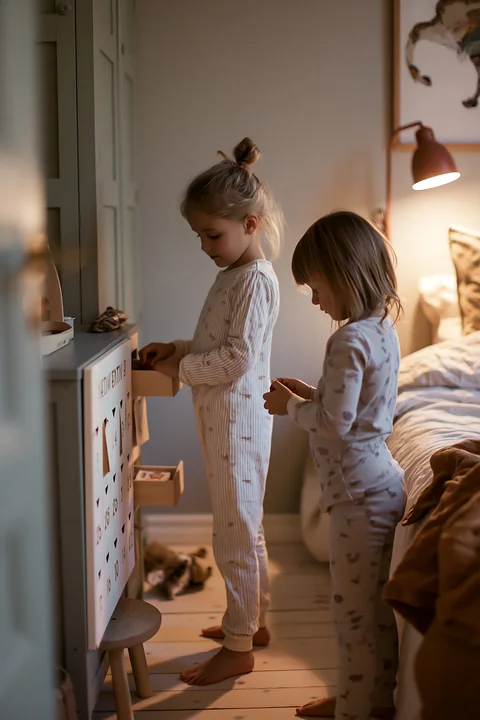 Two children in pajamas open numbered drawers on an advent calendar in a warmly lit bedroom.