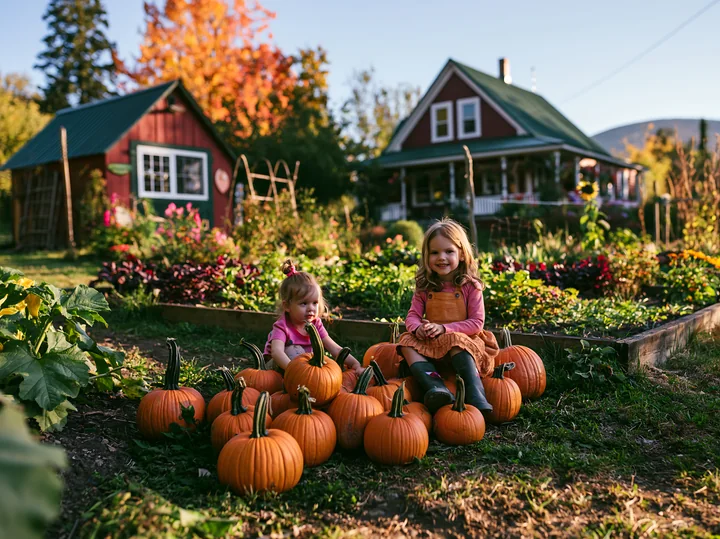 Two children play among pumpkins in a farmhouse garden during autumn.