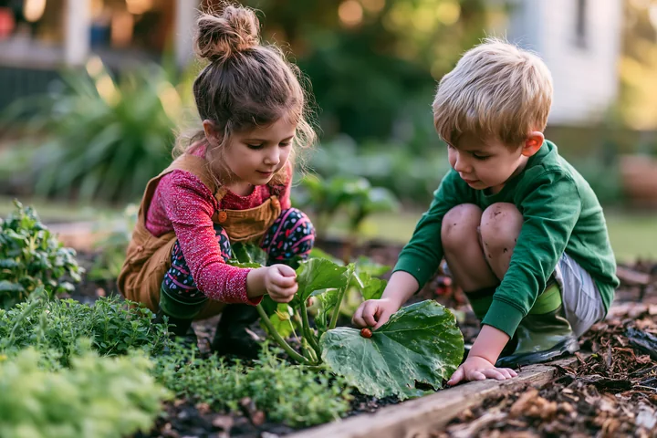 Two children play in a farmhouse garden.