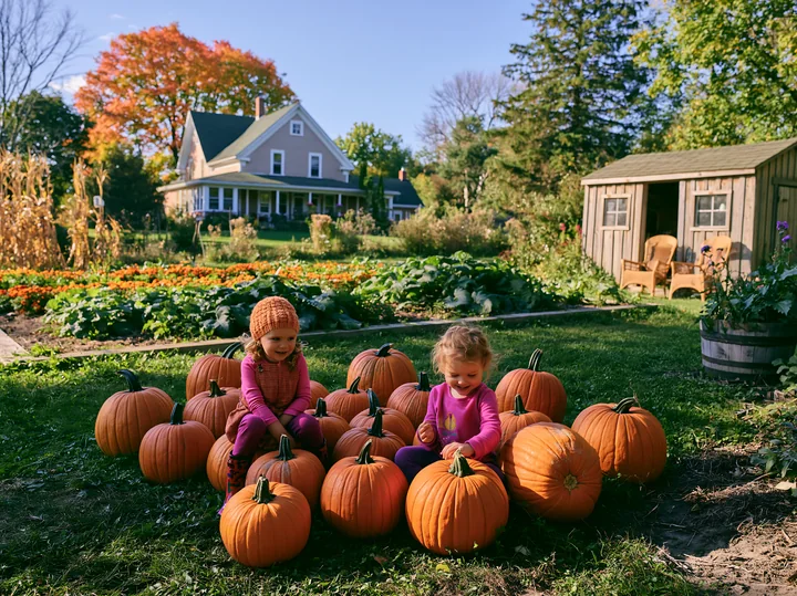 Two children play with pumpkins in a garden near a farmhouse.