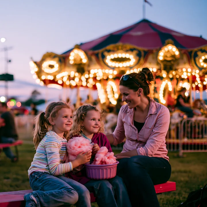Two children sit on a bench holding a bowl of cotton candy while their mother smiles beside them.