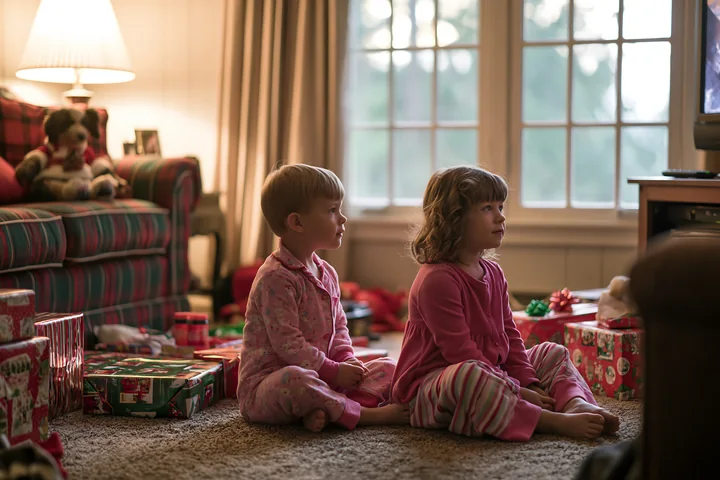 Two children sit on a living room carpet near wrapped presents, looking toward gifts in warm window light.