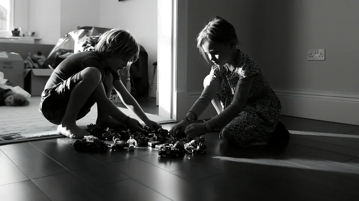 Two children sort Christmas ornaments and tinsel on a tiled floor in a sunlit home.