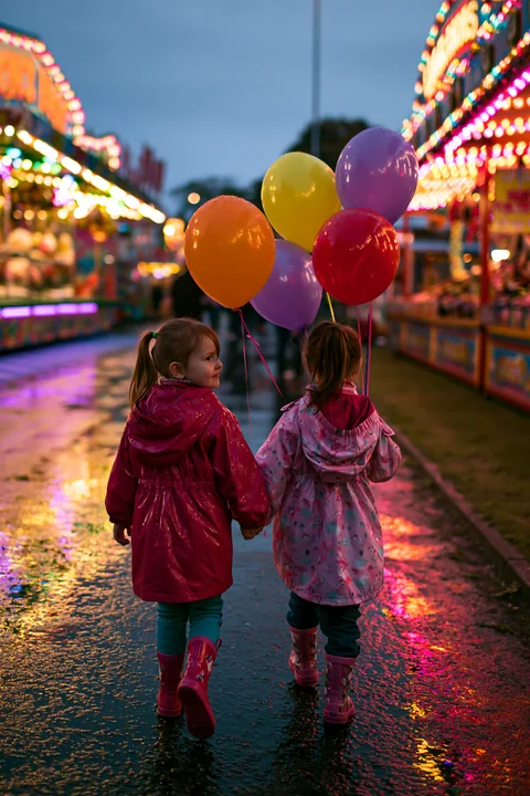 Two children walk hand in hand holding colorful balloons along a rainy, illuminated fairground midway.