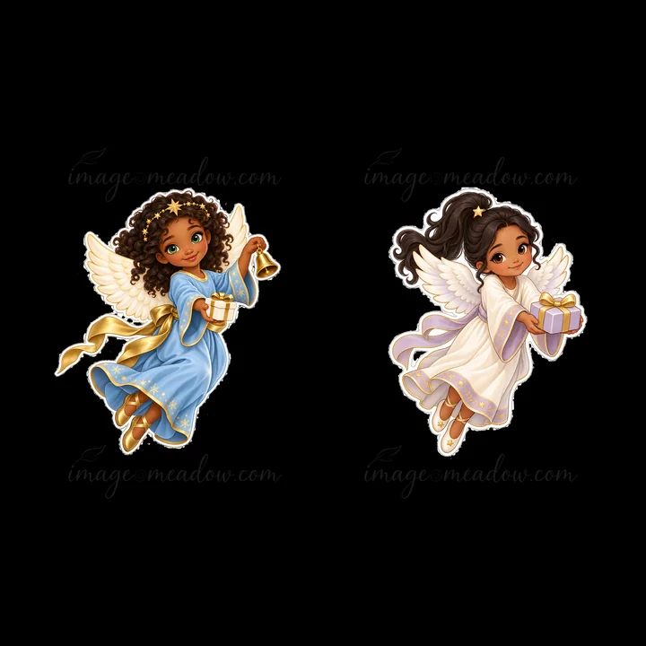 Two charming angels are floating joyfully. One wears a blue robe with golden accents and holds bells, while the other, in white with a ribbon, carries gifts. Bo