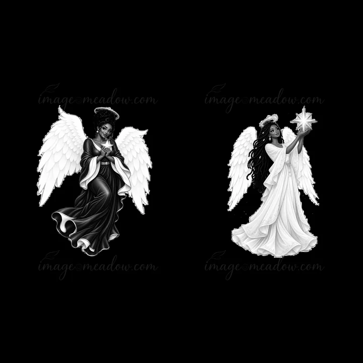 The illustration shows two Christmas angels in monochrome. One angel holds a star and stands confidently, while the other has a more subdued pose, both featurin