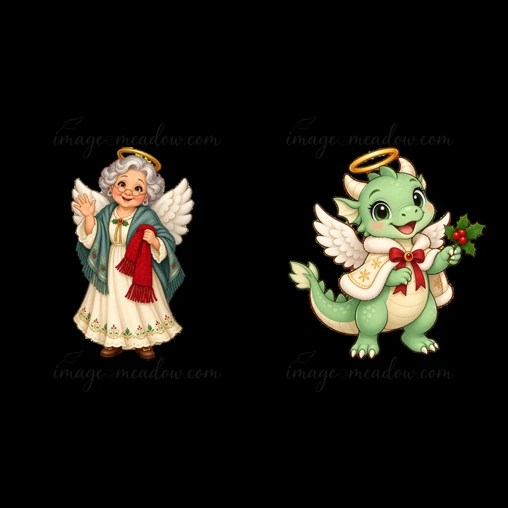 A joyful grandmother angel waves while holding a red scarf. Beside her, a cheerful dragon angel smiles and holds a sprig of holly. Both characters are ready for