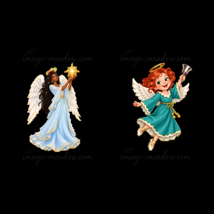Two cartoon-style Christmas angels stand together. One angel with dark hair holds a glowing star, while the second angel with curly red hair rings a bell. Both
