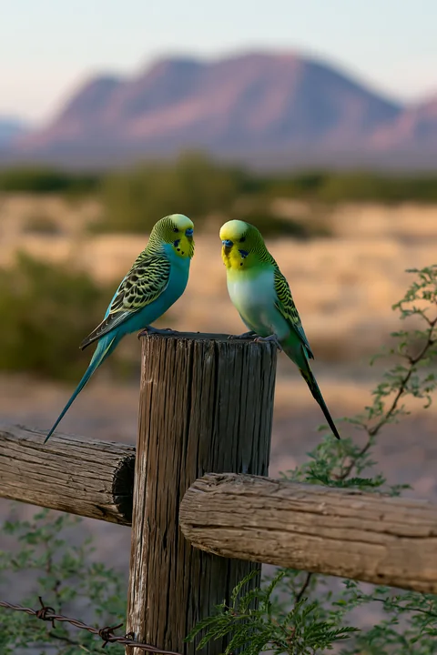 Two colorful budgerigars perch on a weathered wooden fence against a blurred desert landscape and mountains.
