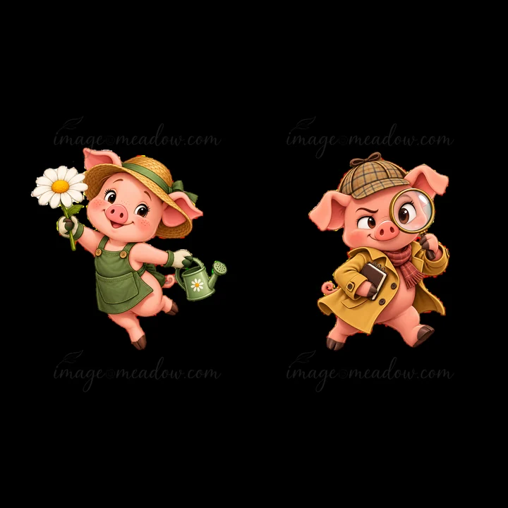 One pig holds a flower and watering can while wearing a hat and overalls. The other pig, dressed as a detective, examines with a magnifying glass and holds a no