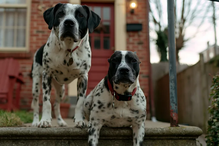 Two dogs with rare dog breed spotted coats stand on a stone step at a home.