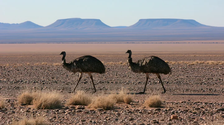 Two emus walk across a dry outback plain in Australia with scattered vegetation.