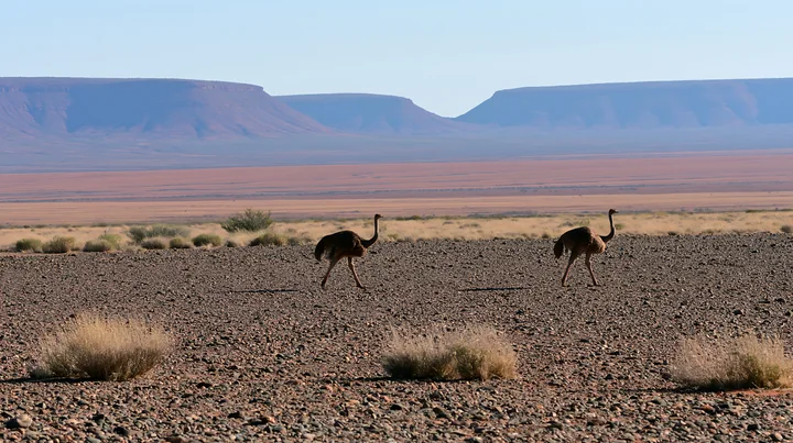 Two emus walk across a dry outback plain with sparse vegetation and distant hills in the background.